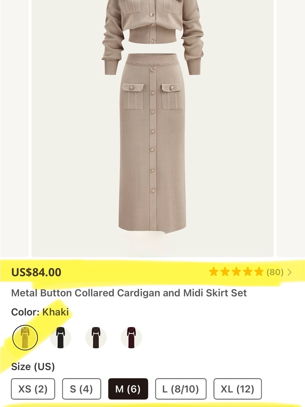 GORGE SET Collared Cardigan & Khaki Midi Skirt